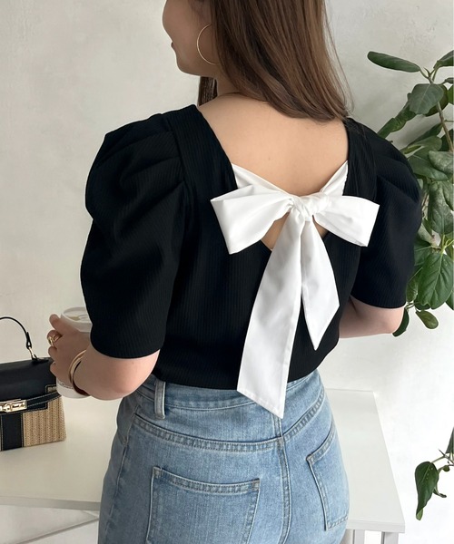 prose verse（プロズヴェール）の「バックリボンパワショルリブトップス（Tシャツ/カットソー・レディース・ホワイト系1/ブラック/オフホワイト・ﾌﾘ-）」の3枚目の写真