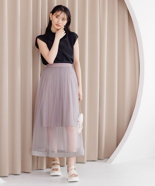 mysty woman（ミスティウーマン）の「サテンラインチュールスカート966504（スカート・レディース・グレイッシュベージュ/ブラック/ブラウン・FREE）」の4枚目の写真
