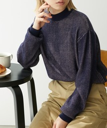 【吸湿発熱】ストライプ配色リバーシブルハイネックプレーティングニットプルオーバー
