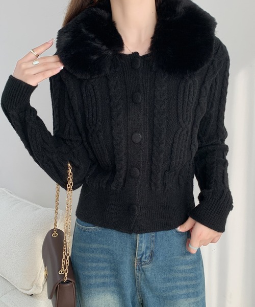 【美品】Rene フードニット黒　ショート丈カーディガン　ファー付ボレロ 襟付き ポケットショートニットカーディガン/クロップド丈ニット