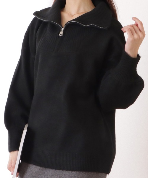 Lace Ladies(レースレディース)の「ハーフジップ切替リブ長袖ニットプルオーバー(ニット/セーター・レディース・アイボリー/ブルー/ブラック/ホワイト・FREE)」の1枚目の写真