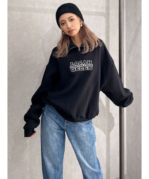 GYDA（ジェイダ）の「LOSANGELES ハーフZIP スウェット トップス（スウェット・レディース・オフホワイト/グリーン/ブラック・FREE）」の6枚目の写真