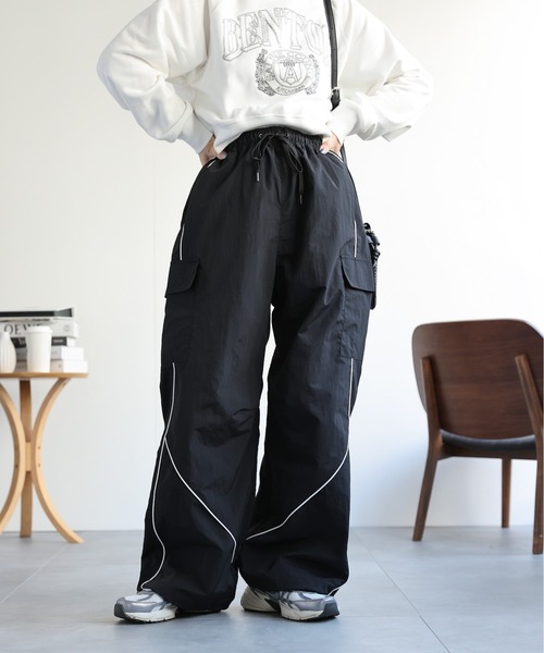 セール】配色パイピングトラックパンツ / ナイロンラインパンツ