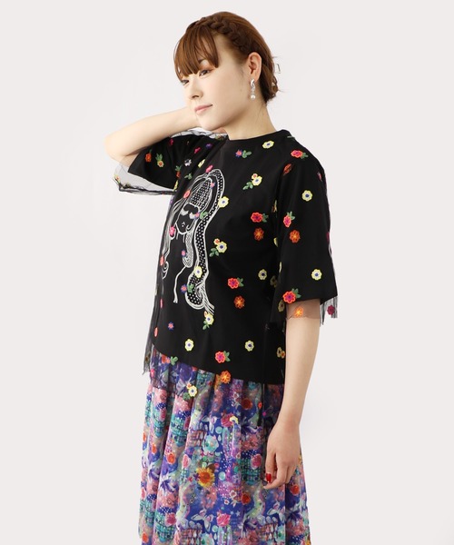 ScoLar - スカラー 141666 花刺繍チュール重ね 女の子プリントTシャツ ScoLar（スカラー）の「141666：花刺繍チュール重ね 女の子