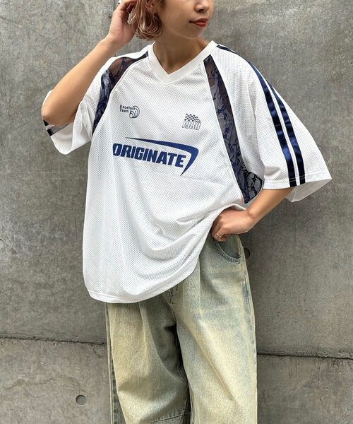 CIAOPANIC(チャオパニック)の「メッシュレースドッキングフットボールTee(Tシャツ/カットソー・レディース・サックスブルー/オフホワイト/グレー/ネイビー/ブルー/チャコールグレー/アイボリー・ONE SIZE/FREE)」の20枚目の写真