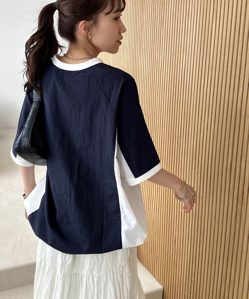 DISCOAT（ディスコート）の「【ユニセックス】配色ナイロン半袖スウェットシャツ《WEB限定》（シャツ/ブラウス・レディース・ネイビー/オフホワイト/グレイッシュベージュ・FREE）」の14枚目の写真