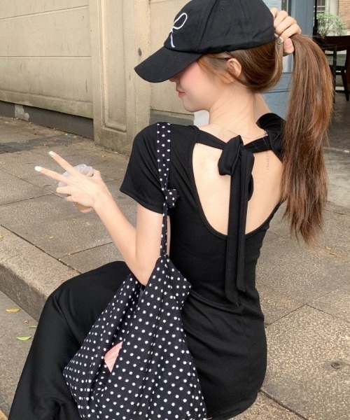 LADY LIKE(レディライク)の「バックリボン半袖ロングワンピース(ワンピース・レディース・グレー/ブラック・M)」の1枚目の写真