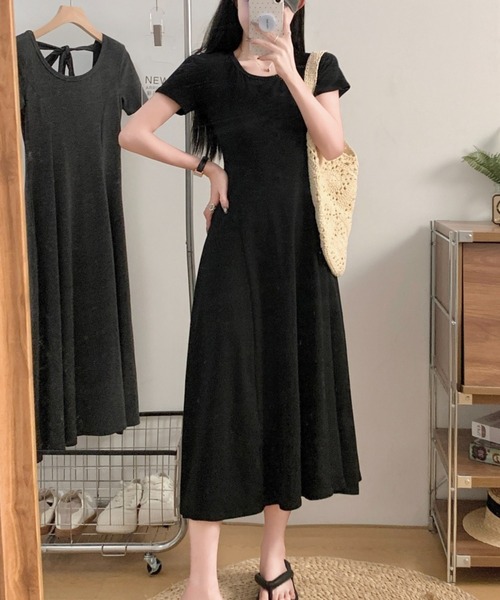 LADY LIKE(レディライク)の「バックリボン半袖ロングワンピース(ワンピース・レディース・グレー/ブラック・M)」の3枚目の写真