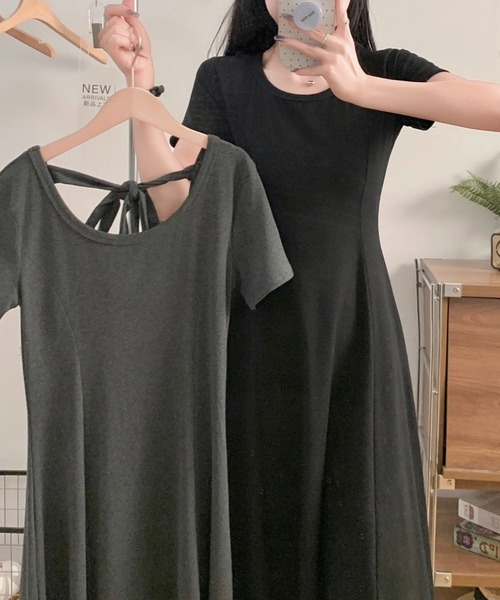 LADY LIKE(レディライク)の「バックリボン半袖ロングワンピース(ワンピース・レディース・グレー/ブラック・M)」の11枚目の写真