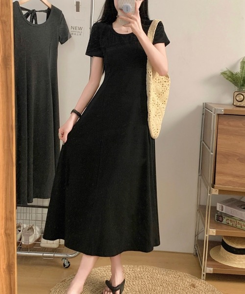LADY LIKE(レディライク)の「バックリボン半袖ロングワンピース(ワンピース・レディース・グレー/ブラック・M)」の12枚目の写真