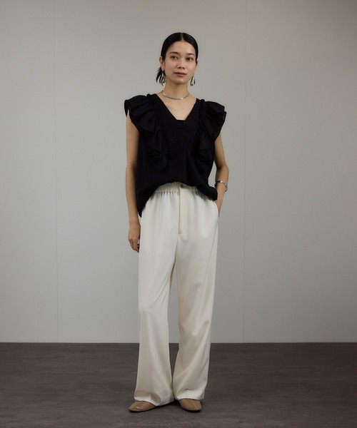 eLLa スカラップヘム ブラックパンツ　S 追加】イージーストレッチストレートパンツ2/スラックス【接触冷