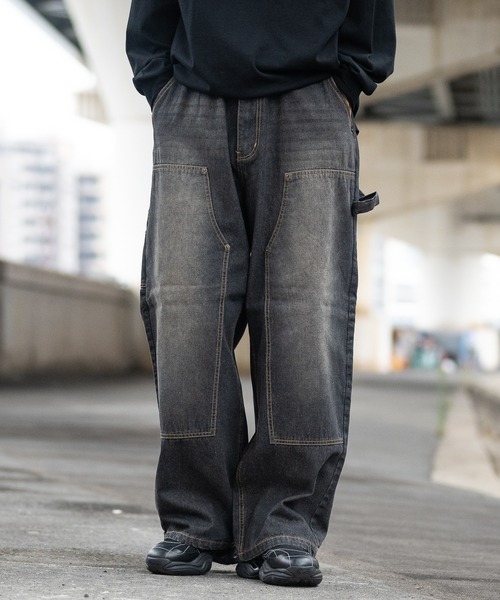 JOHN'S CLOSET(ジョンズクローゼット)の「【13】ブラスト加工 ステッチ ダブルニー ペインターデニムパンツ(デニムパンツ・メンズ・ブラック/ネイビー・MEDIUM/X-LARGE/LARGE)」の2枚目の写真