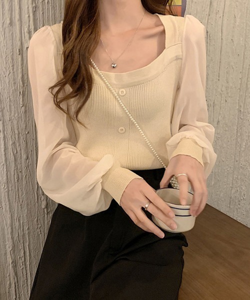 Miniministore(ミニミニストア)の「シャツブラウス 袖切り替え ニットソー(ニット/セーター・レディース・ブラック/ブルー/ホワイト/グレー/ベージュ/ブラウン・FREE)」の2枚目の写真