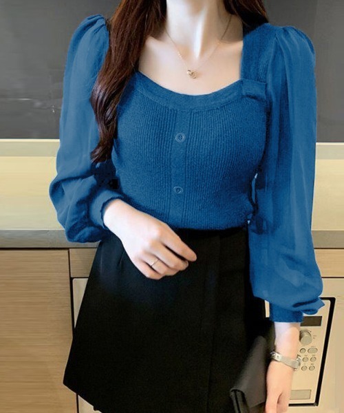 Miniministore(ミニミニストア)の「シャツブラウス 袖切り替え ニットソー(ニット/セーター・レディース・ブラック/ブルー/ホワイト/グレー/ベージュ/ブラウン・FREE)」の6枚目の写真