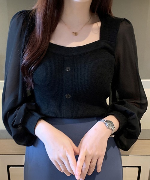 Miniministore(ミニミニストア)の「シャツブラウス 袖切り替え ニットソー(ニット/セーター・レディース・ブラック/ブルー/ホワイト/グレー/ベージュ/ブラウン・FREE)」の3枚目の写真