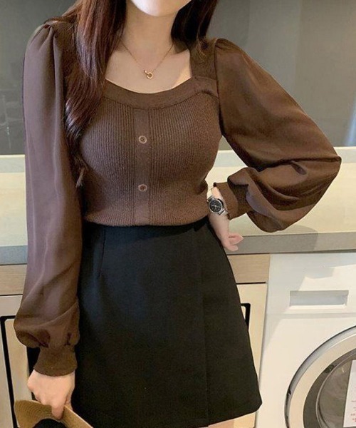 Miniministore(ミニミニストア)の「シャツブラウス 袖切り替え ニットソー(ニット/セーター・レディース・ブラック/ブルー/ホワイト/グレー/ベージュ/ブラウン・FREE)」の18枚目の写真