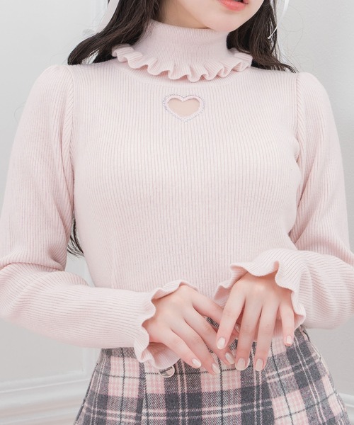 Honey Cinnamon(ハニーシナモン)の「ハート開きラインストーンタートルニット(ニット/セーター・レディース・ピンク/ホワイト/ブラック・FREE)」の9枚目の写真