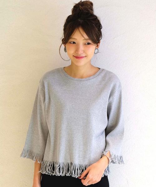 Another Edition（アナザーエディション）の「リブタチキリフリンジＴシャツ/AEBC リブタチキリ T◆（Tシャツ/カットソー・レディース・ブラック/ライトグレー/ライム・フリー）」の2枚目の写真