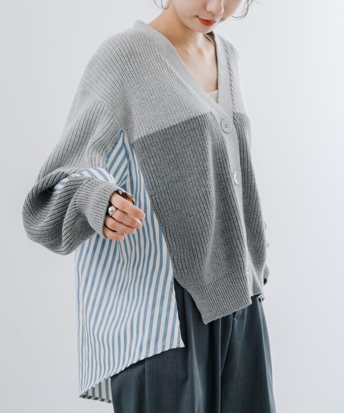 refinedworks(リファインドワークス)の「【refinedworks】爽やかな ストライプ柄 と ドッキング した カーディガン(カーディガン/ボレロ・レディース・グレー/ネイビー/ベージュ・FREE)」の5枚目の写真