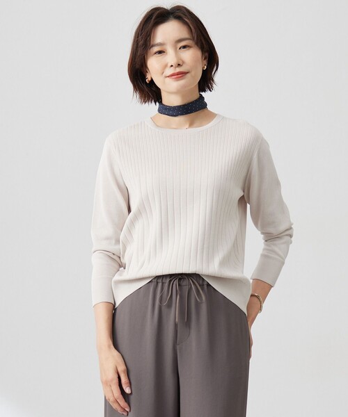 J.PRESS Ladies(J.プレス レディス)の「【洗える】Cotton Acetate ストライプ ニット プルオーバー(ニット/セーター・レディース・ネイビー系/ライトグリーン系/ホワイト系/ベージュ系・SMALL)」の2枚目の写真