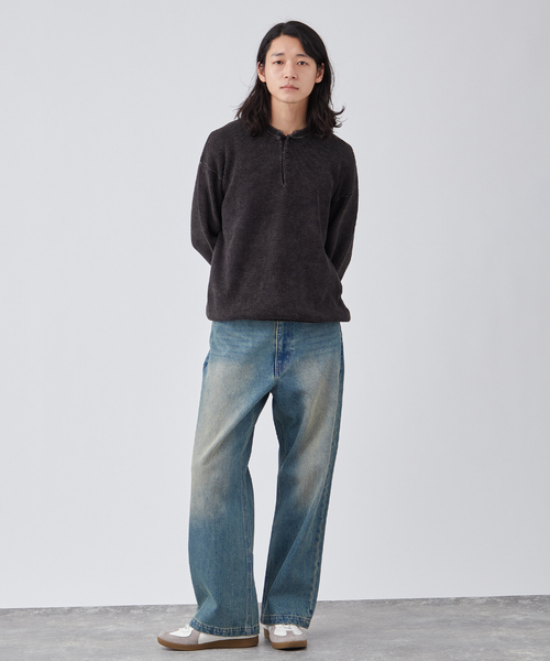 B.C STOCK（ベーセーストック）の「フェード加工 ヘンリーネックニット（ニット/セーター・メンズ・ブラック/カーキ/ピンク系その他・MEDIUM/LARGE）」の4枚目の写真