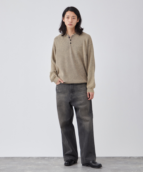 B.C STOCK（ベーセーストック）の「フェード加工 ヘンリーネックニット（ニット/セーター・メンズ・ブラック/カーキ/ピンク系その他・MEDIUM/LARGE）」の8枚目の写真