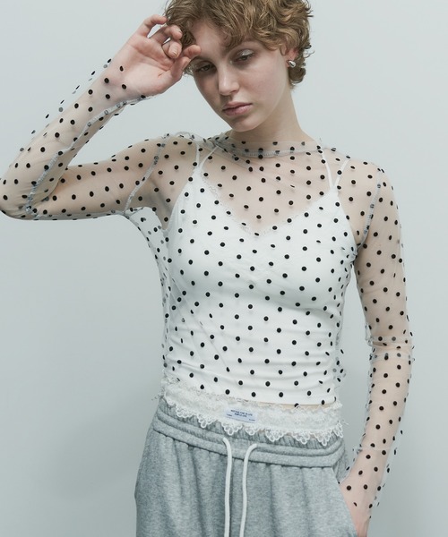 クルーネックドットシアートップス（Tシャツ/カットソー）｜uyu.（ウユ