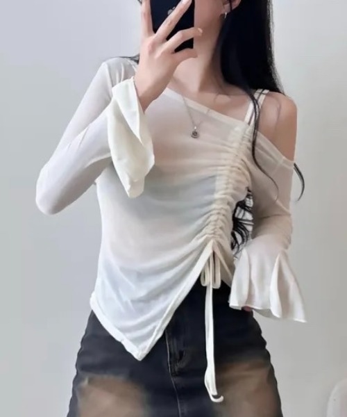 tシャツ 「ZOZO限定」ショルダー リボン トップス 半袖 カットソー スカーフ アシンメトリーデザイン オフショルダー レディース 楽天市場】【限定！10%OFFクーポンで2699円】M/Lサイズ リブ
