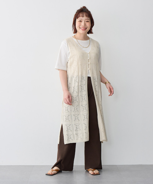 再再再値下げ新品　アンパスィ　ワンピースL　 ベージュ　定価24200円 セール】【anyfee/プラスサイズ】2wayクロシェレース編みジレ