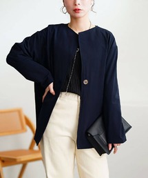 ノーカラージャケット（ブルー・ネイビー/青色系）ファッション