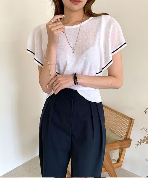 NinaetLina（ニナエリナ）の「ラッフルスリーブサマーニット（ニット/セーター・レディース・ベージュ/ホワイト/ブラック・FREE）」の4枚目の写真