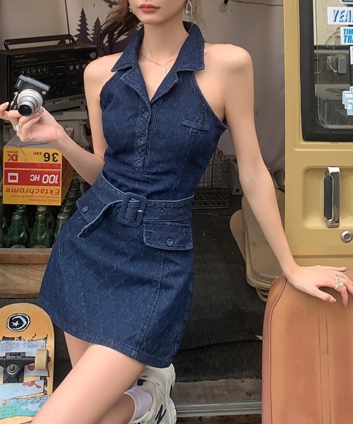 レディース ワンピース デニム ホルターネック ミニ スカート セール】デニムホルターネックワンピース/2025 SS COLLECTION