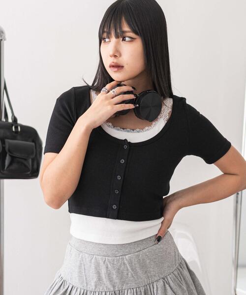 WEGO(ウィゴー)の「WEGO/レースキャミレイヤード風ちびT(Tシャツ/カットソー・レディース・ブラック/ホワイト・FREE)」の12枚目の写真