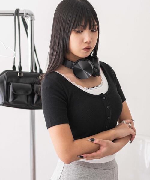WEGO(ウィゴー)の「WEGO/レースキャミレイヤード風ちびT(Tシャツ/カットソー・レディース・ブラック/ホワイト・FREE)」の13枚目の写真