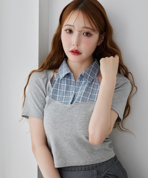 one after another NICE CLAUP(ワンアフターアナザーナイスクラップ)の「チェックレイヤードトップス(Tシャツ/カットソー・レディース・ベージュ/杢グレー/ネイビー・FREE)」の2枚目の写真