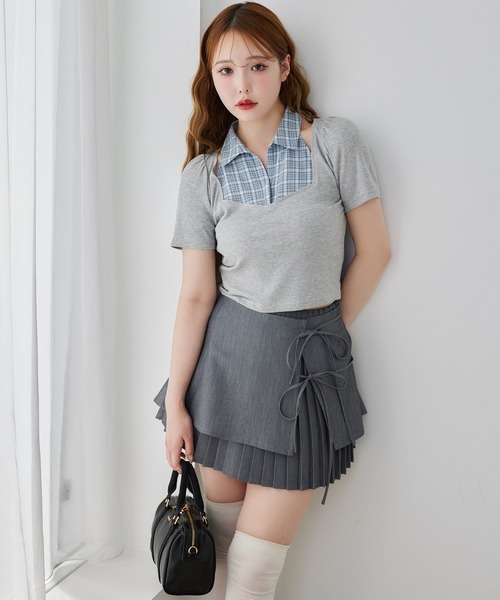 one after another NICE CLAUP(ワンアフターアナザーナイスクラップ)の「チェックレイヤードトップス(Tシャツ/カットソー・レディース・ベージュ/杢グレー/ネイビー・FREE)」の6枚目の写真