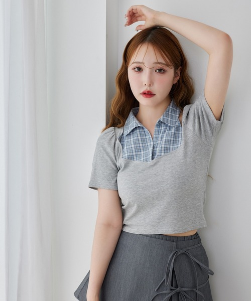 セール】チェックレイヤードトップス（Tシャツ/カットソー）｜one