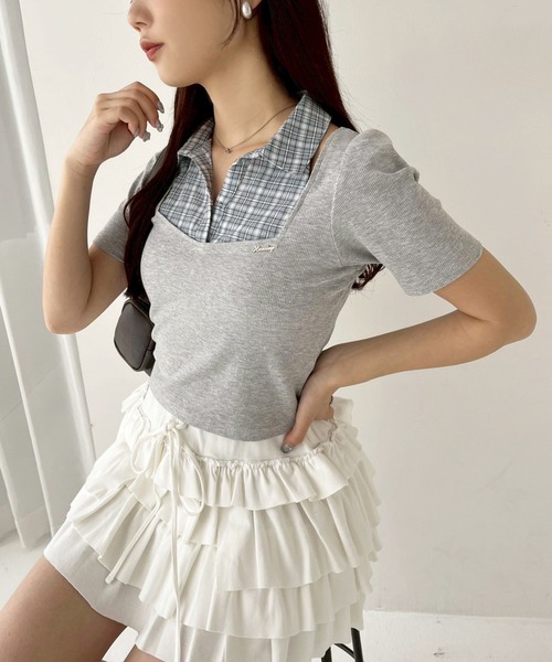 one after another NICE CLAUP(ワンアフターアナザーナイスクラップ)の「チェックレイヤードトップス(Tシャツ/カットソー・レディース・ベージュ/杢グレー/ネイビー・FREE)」の16枚目の写真