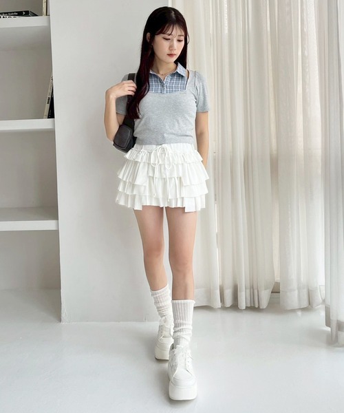 one after another NICE CLAUP(ワンアフターアナザーナイスクラップ)の「チェックレイヤードトップス(Tシャツ/カットソー・レディース・ベージュ/杢グレー/ネイビー・FREE)」の13枚目の写真