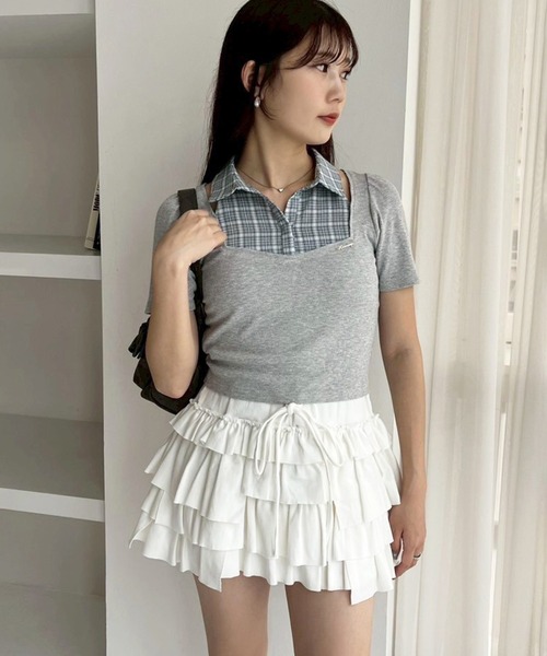 one after another NICE CLAUP(ワンアフターアナザーナイスクラップ)の「チェックレイヤードトップス(Tシャツ/カットソー・レディース・ベージュ/杢グレー/ネイビー・FREE)」の15枚目の写真