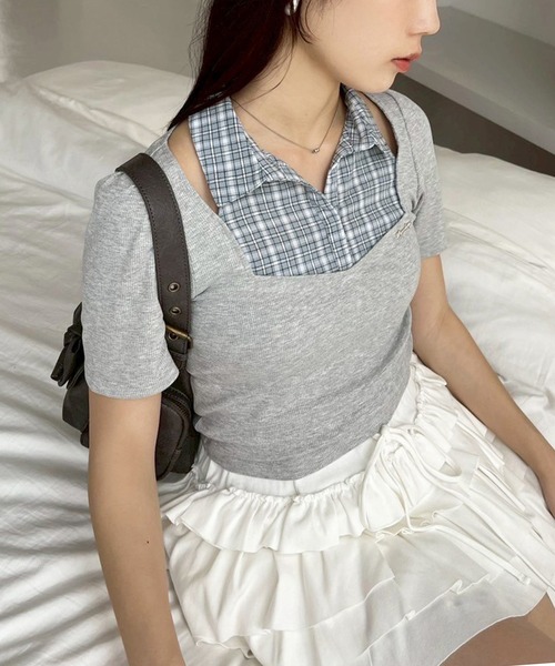 セール】チェックレイヤードトップス（Tシャツ/カットソー）｜one
