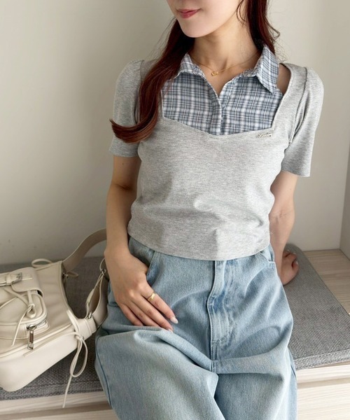 one after another NICE CLAUP(ワンアフターアナザーナイスクラップ)の「チェックレイヤードトップス(Tシャツ/カットソー・レディース・ベージュ/杢グレー/ネイビー・FREE)」の22枚目の写真