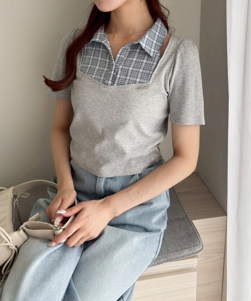セール】チェックレイヤードトップス（Tシャツ/カットソー）｜one