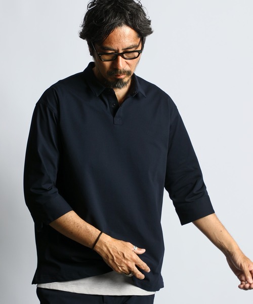 The DUFFER of ST.GEORGE（ザダファーオブセントジョージ）の「[360° THE CIRCLE STRETCH] BY WONDER SHAPE：セットアップ ライトピケジャージ素材 7分袖シャツ（シャツ/ブラウス・メンズ・ブラック/ネイビー・MEDIUM/LARGE/X-LARGE）」の2枚目の写真