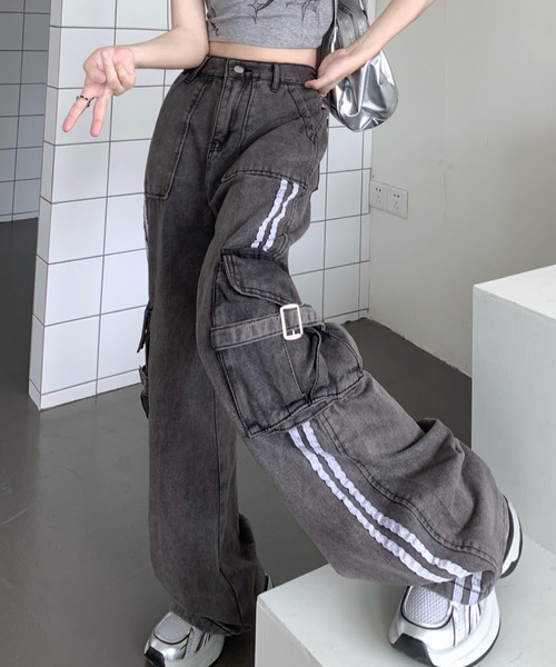 セール】サイドライン×カーゴポケット ワイドデニムパンツ