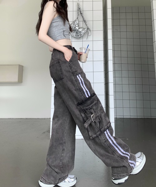 デニムパンツ S~3XL ワイド サイドポケット ストリート 2color デニムパンツ S~3XL ワイドレッグ ストレートカット 2color