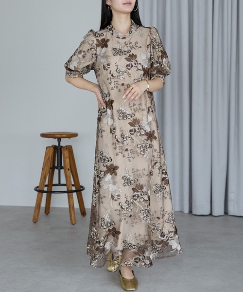PREFERIR(プレフェリール)の「結婚式 オケージョン ボタニカル刺繍 エンブロイダリー パーティードレス(M,L)(ドレス・レディース・ブラウン/グリーン・MEDIUM/LARGE)」の4枚目の写真