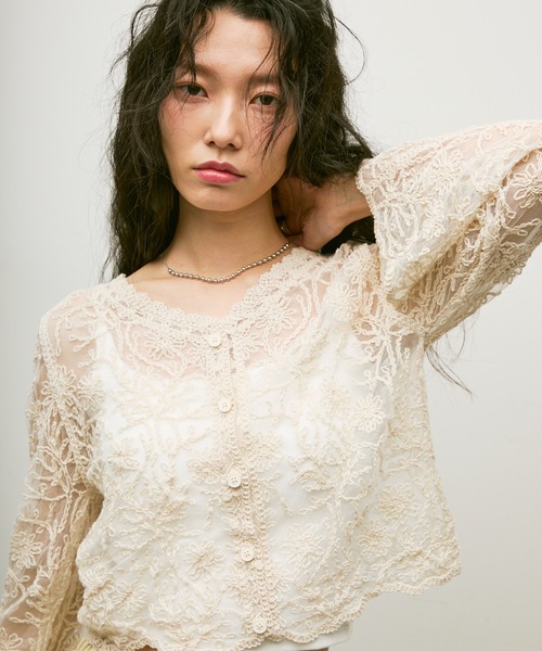 カーディガン over tulle knit cardigan レディース カーディガン 透かし編み ジャガード ニットカーディガン
