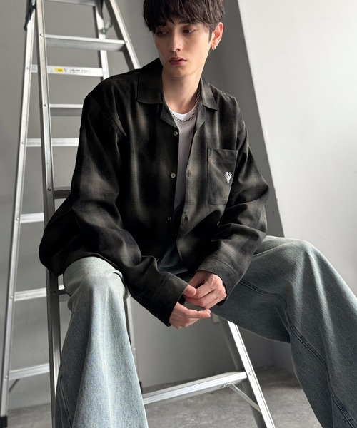 Classical Origin（クラシカルオリジン）の「「雰囲気高まる。」ヴィンテージ風チェック柄オープンカラーシャツ（長袖）/Vintage-style check pattern open collar shirt（シャツ/ブラウス・メンズ・ブルー/グレー/ブラック・LARGE/MEDIUM/SMALL）」の5枚目の写真