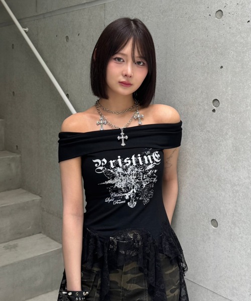 tシャツ アシンメトリーレースオフショルダー レディース メンズ アシンメトリーレースオフショルダー（Tシャツ/カットソー